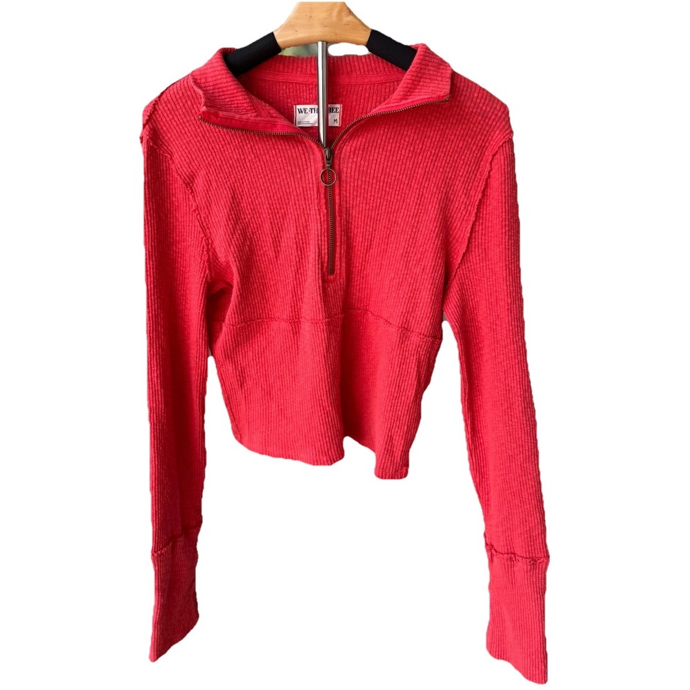 WE THE FREE‎ Ribbed Cropped Quarter Zip Sweatshirt Red Thumbhole Sleeve Medium